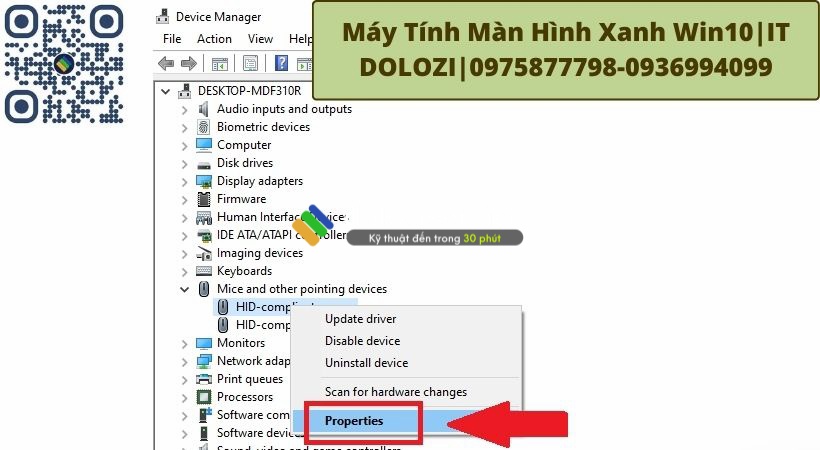 Bước 2: Chọn thiết bị mà bạn muốn cập nhật Driver bằng cách nhấn chuột phải vào. Sau đó chọn Properties để sửa máy tính màn hình xanh win10
