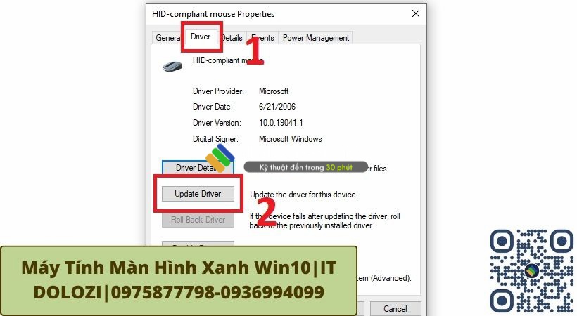 Chọn Tab Driver rồi chọn mục Update Driver để khắc phục máy tính màn hình xanh win10