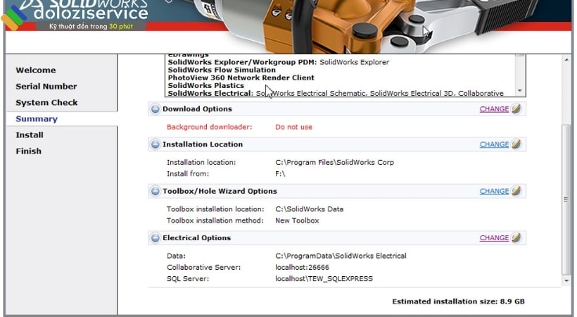 Nhấn Install để tiến hành cài đặt solidwork 2014