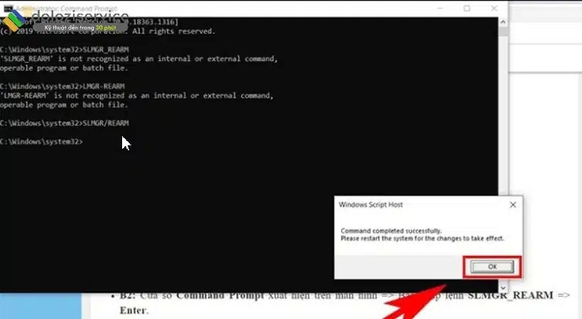 Nhập lệnh SLMGR/REARM để gia hạn Windows