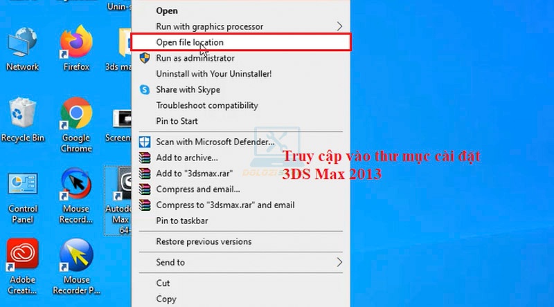 Ta chọn  Open file location để vào thư mực cài đặt phần mềm 3DS Max 2013