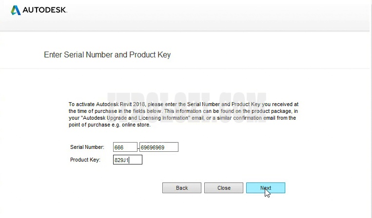 Ta nhập số Serial Number Revit 2018: 666_69696969 và Product Key: 829J1 rồi ta nhấn Next Ta nhập số Serial Number Revit 2018: 666_69696969 và Product Key: 829J1 rồi ta nhấn Next