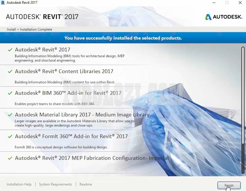 Hoàn tất cài đặt phần mềm Autodesk Revit 2017 ta nhấn Finish