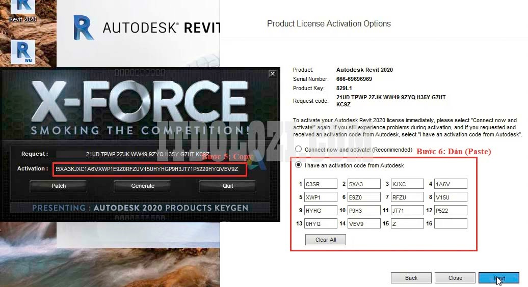 Copy đoạn Code ở phần Activation sau đó dán vào phần mềm Autodesk Revit 2020