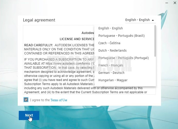 Tích chọn I agree to the Terms of Use sau đó nhấn Next Tích chọn I agree to the Terms of Use sau đó nhấn Next