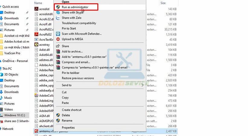 Chạy file amtemu bằng quyền admin