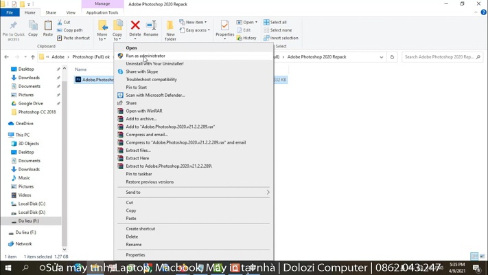 Bắt đầu cài đặt photoshop cc 2020 với quyền Admin