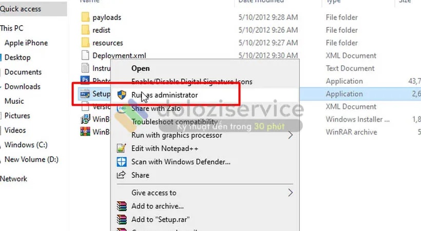 Khởi chạy file setup bằng quyền Admin