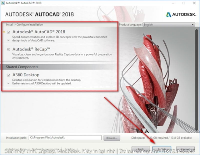 Để mặc định sau đó nhấn Install.