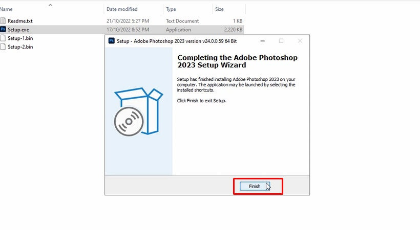 Tiến hành chọn Finish kết thúc cài đặt Photoshop 2023.