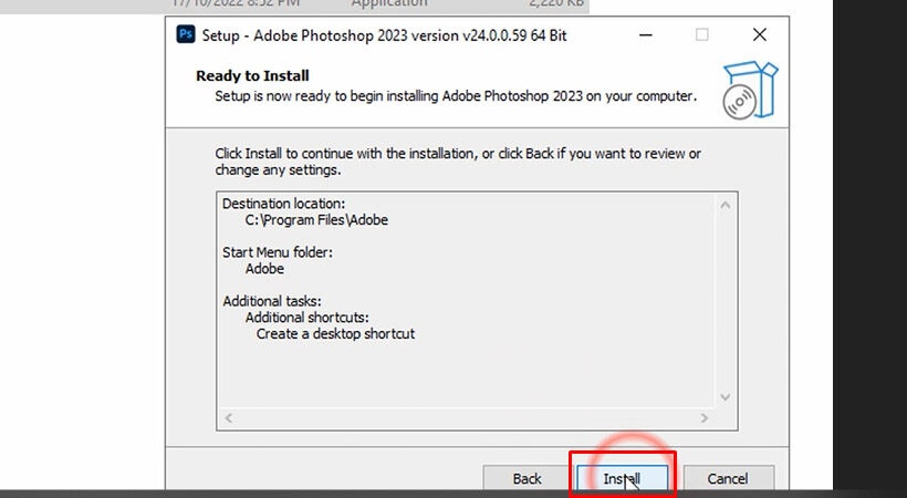Tiến hành chọn Install Adobe Photoshop 2023.