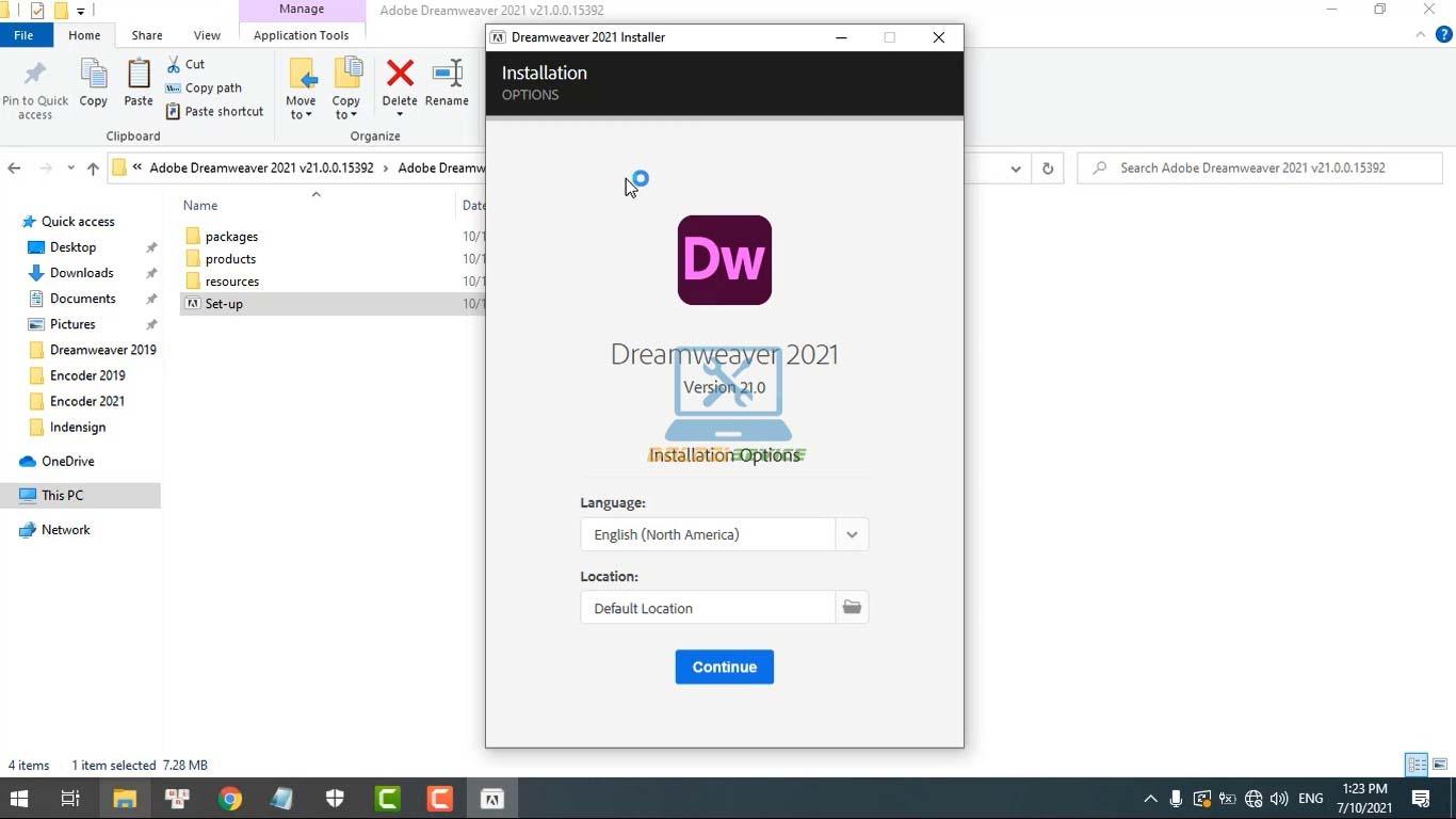 Chọn Continue để tiếp tục quá trình cài đặt Dreamweaver 2021