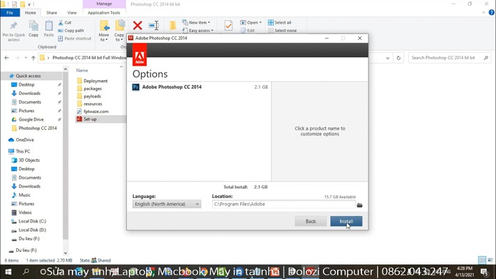 chọn Install để cài đặt photoshop cc 2014 full crack