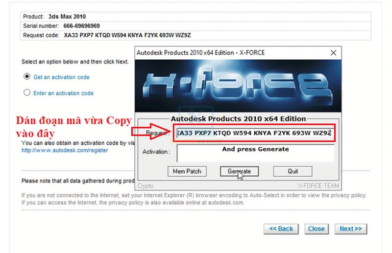 Ta dán Request code vừa Copy vào phần mềm kích hoạt