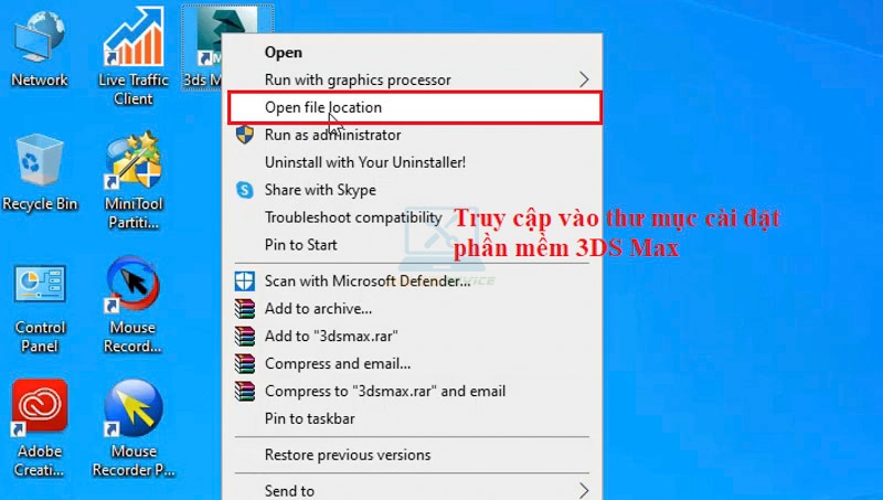 Ta chọn  Open file location để vào thư mực cài đặt phần mềm 3DS Max 2014