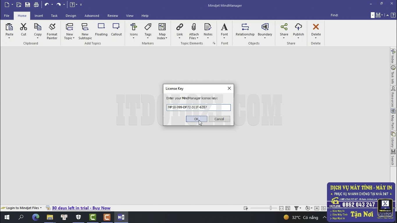Dán License Key vừa Copy vào phần mềm Mindjet MindManager 2018
