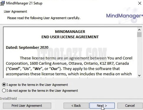 Đồng ý với điều khoản sử dụng Chọn I agree to the terms in the User Agreement sau đó nhấn Next