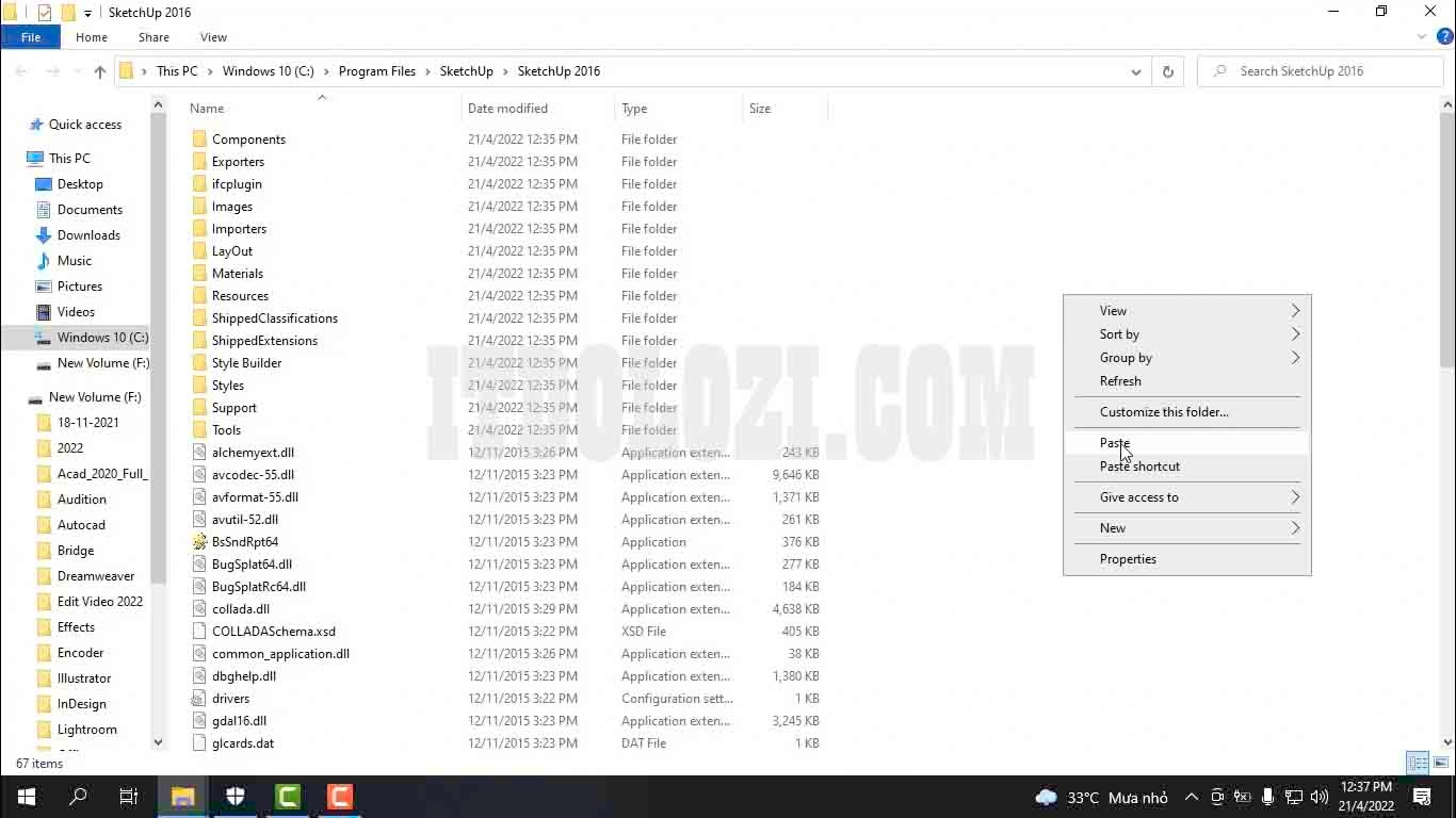 Dán File vừa Copy vào thư mục cài đặt Sketchup 2016
