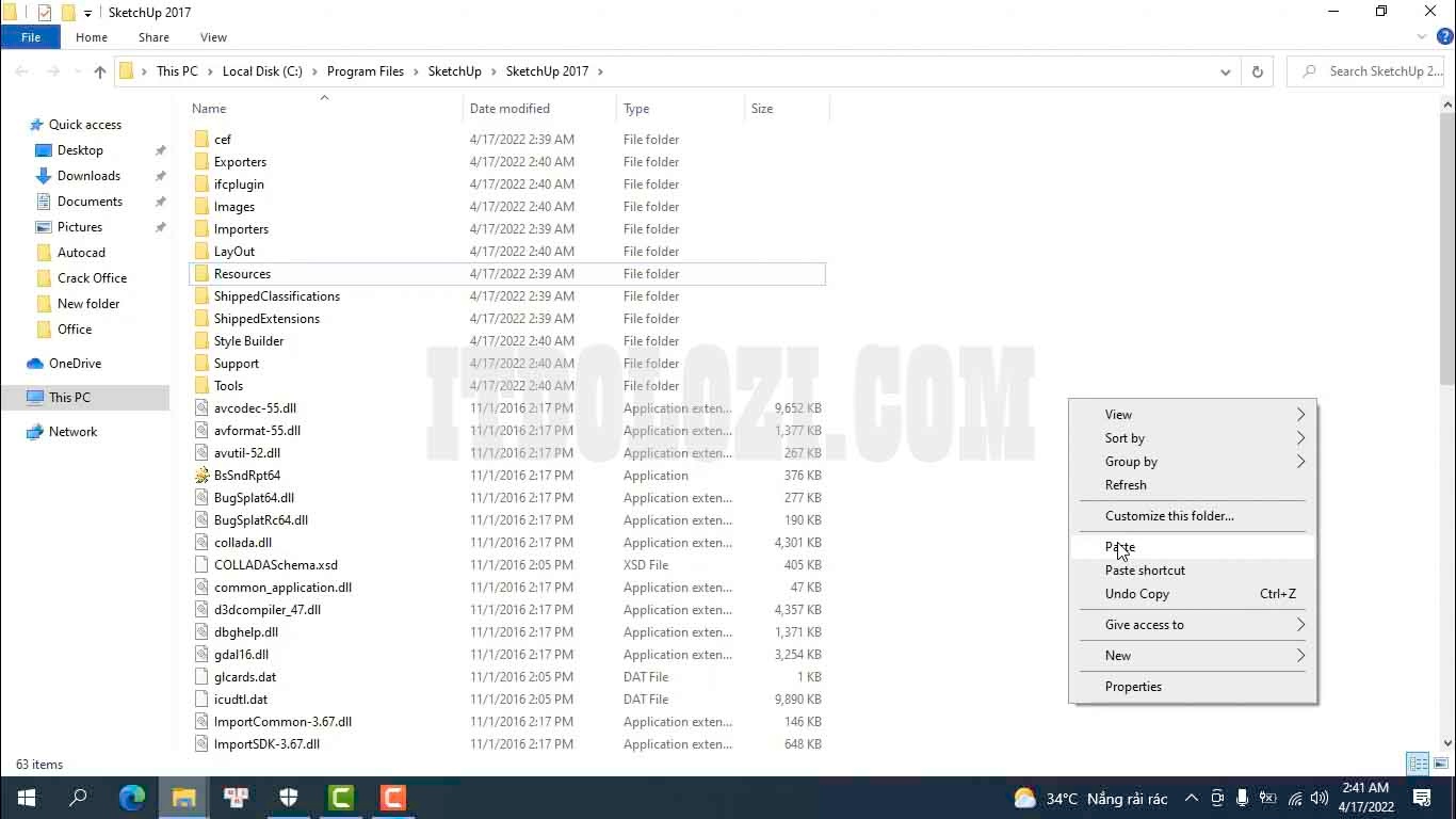 Dán 3 File vừa Copy vào thư mục cài đặt Sketchup 2017