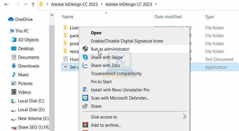 Chạy File setup InDesign 2023 với quyền Admin