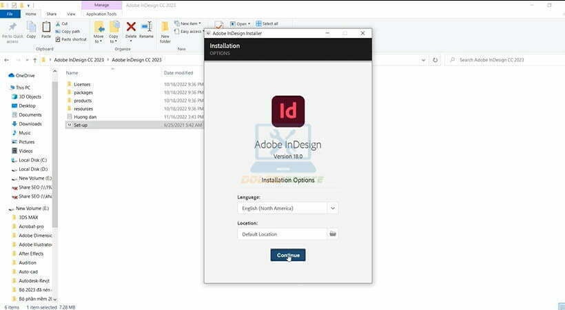 Chọn Continue để tiếp tục cài đặt InDesign 2023