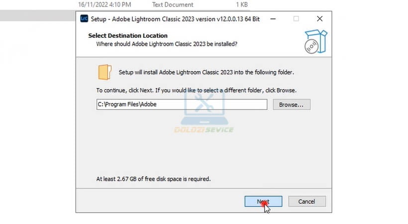 Chọn Next trong quá trình cài đặt Adobe Lightroom 2023