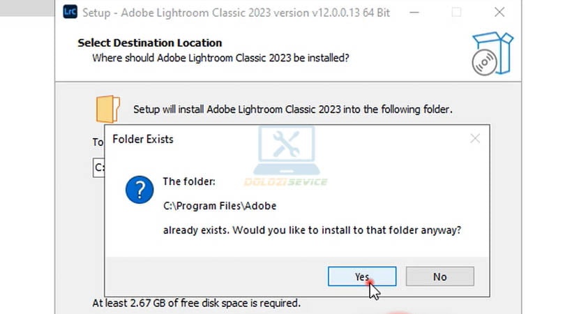 Chọn Yes để tiếp tục cài đặt Adobe Lightroom 2023