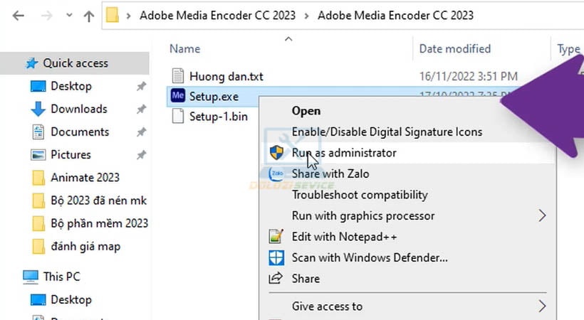 Chạy file setup bằng quyền Admin