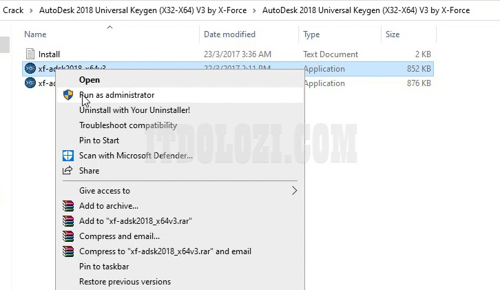 Mở thư mục Crack sau đó chạy File X-force với quyền Admin