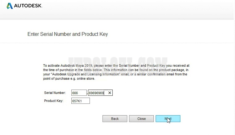 Nhập số Serial Number: 666-69696969 và Product Key: 657K1 sau đó nhấn Next