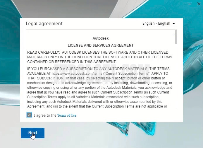 Tiếp theo ta chọn I agree to the Terms of Use sau đó nhấn Next