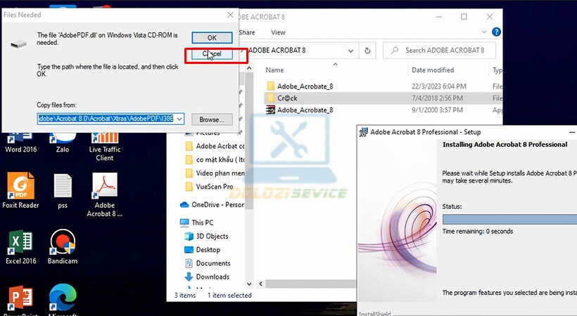 Tiến hành chọn Cancel. Adobe Acrobat 8.