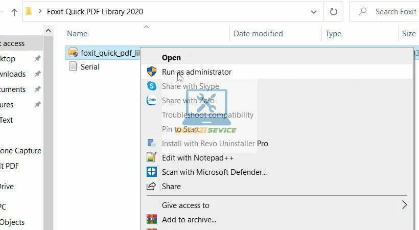 Chạy File setup Foxit Quick PDF Library 2020 với quyền admin