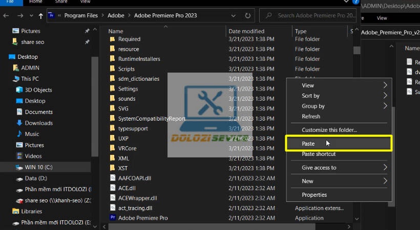 Paste file vào thư mục