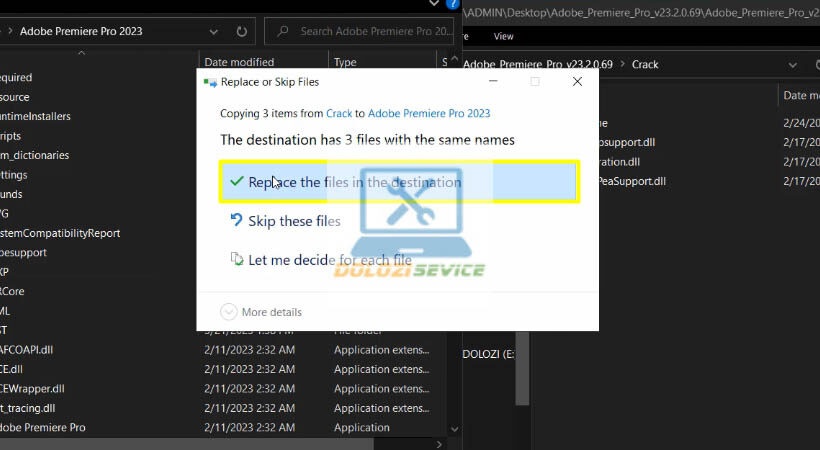 Chọn Replace the file in the destination