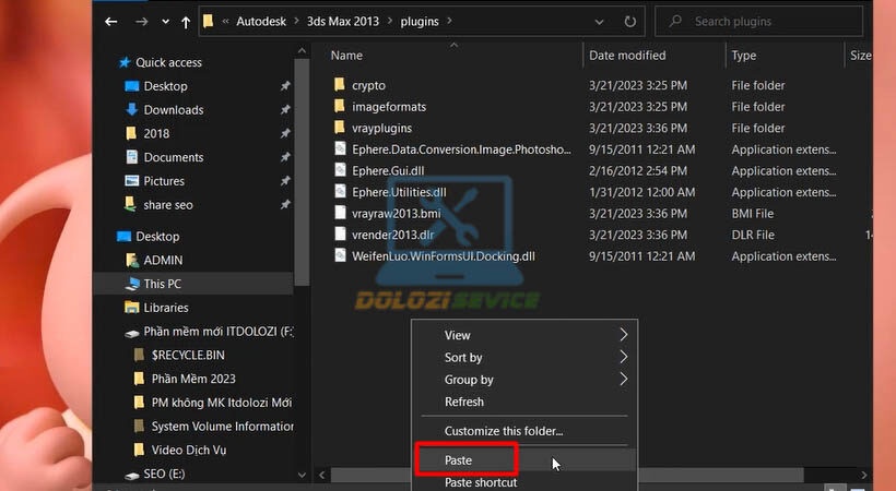 Dán file vray đã copy để kích hoạt Vray for 3ds Max 2013