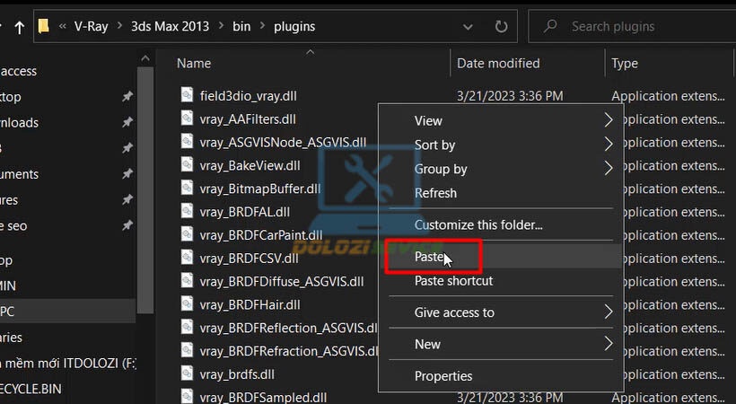 Dán file đã copy vào thư mục plugins để kích hoạt Vray for 3ds Max 2013