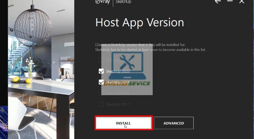 Chọn Install để cài đặt Vray for Sketchup 2020