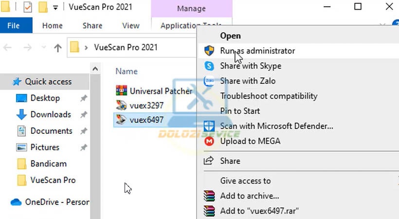 Chạy file cài đặt VueScan Pro 2020 Chạy file vuex6497 bằng quyền Admin