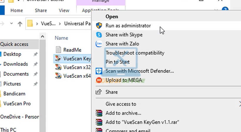 Chạy file Vuescan Key bằng quyền Admin Chạy file Vuescan Key bằng quyền Admin