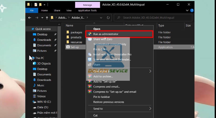 Chạy file cài đặt Adobe XD 2021 với quyền admin