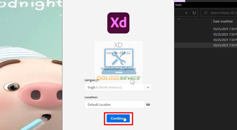 Chọn Continue để tiếp tục cài đặt Adobe XD 2021