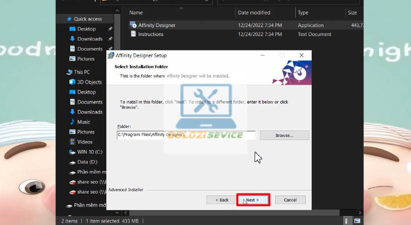 Chọn Next tiếp tục trong quá trình cài đặt Affinity Designer 2023