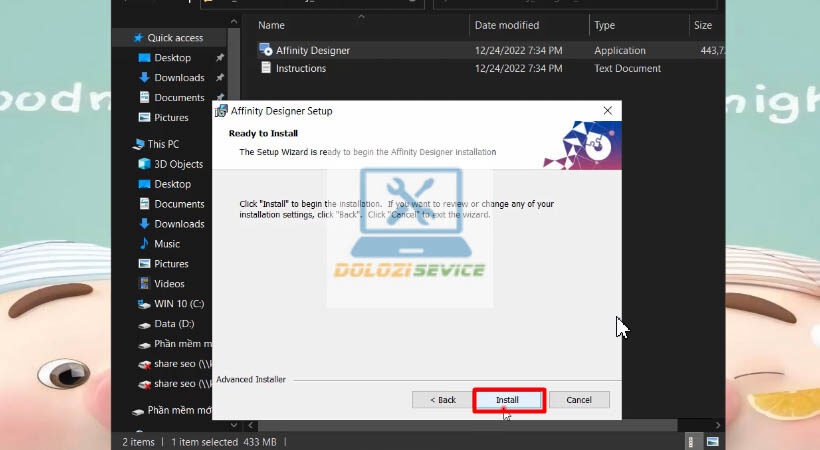 Chọn Install để cài đặt Affinity Designer 2023