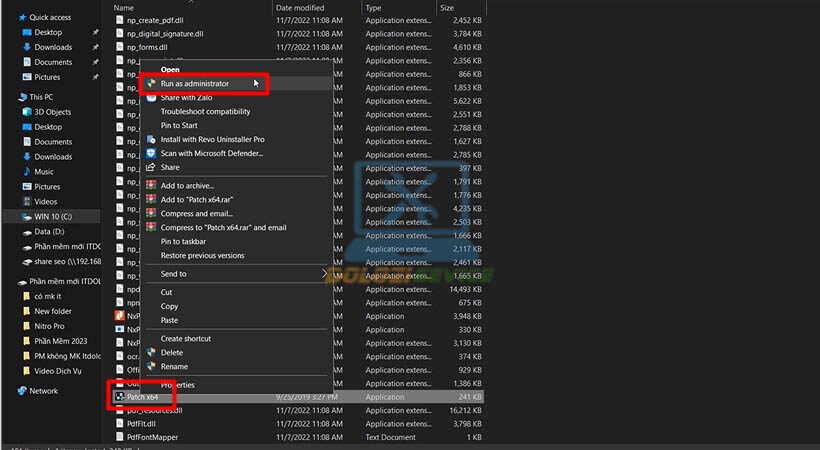 Kiếm file như hình rồi chạy bằng quyền Admin Nitro Pro Enterprise 2023