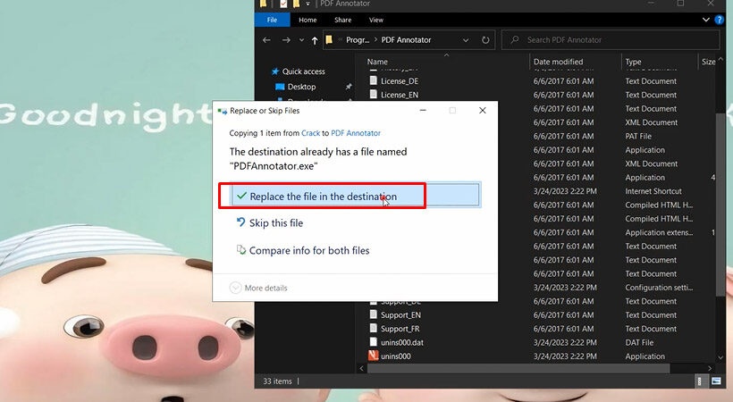 Chọn Replace the file in the destination