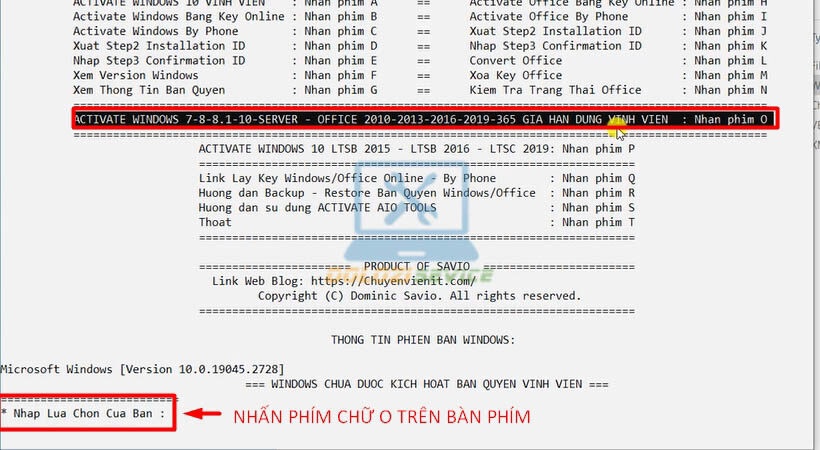 Nhấn phím chữ O trên bàn phím để tiến hành kích hoạt Project 2019