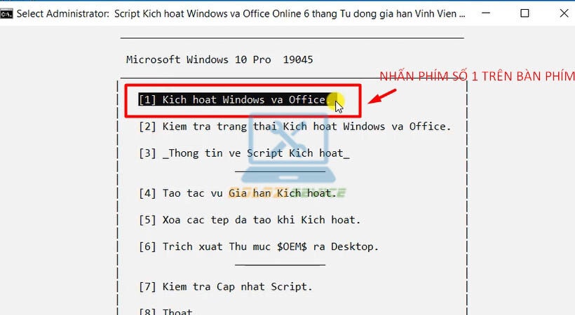 Nhấn phím số 1 trên bàn phím để kích hoạt Project 2019