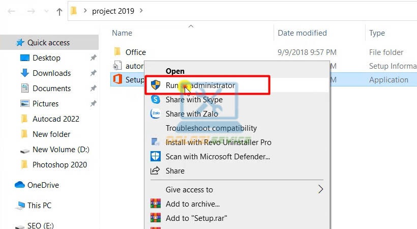 Chạy file setup Project 2019 bằng quyền Admin