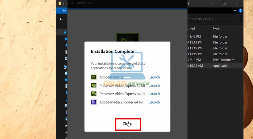 Chọn Close khi cài đặt Adobe Presenter 2019 hoàn tất